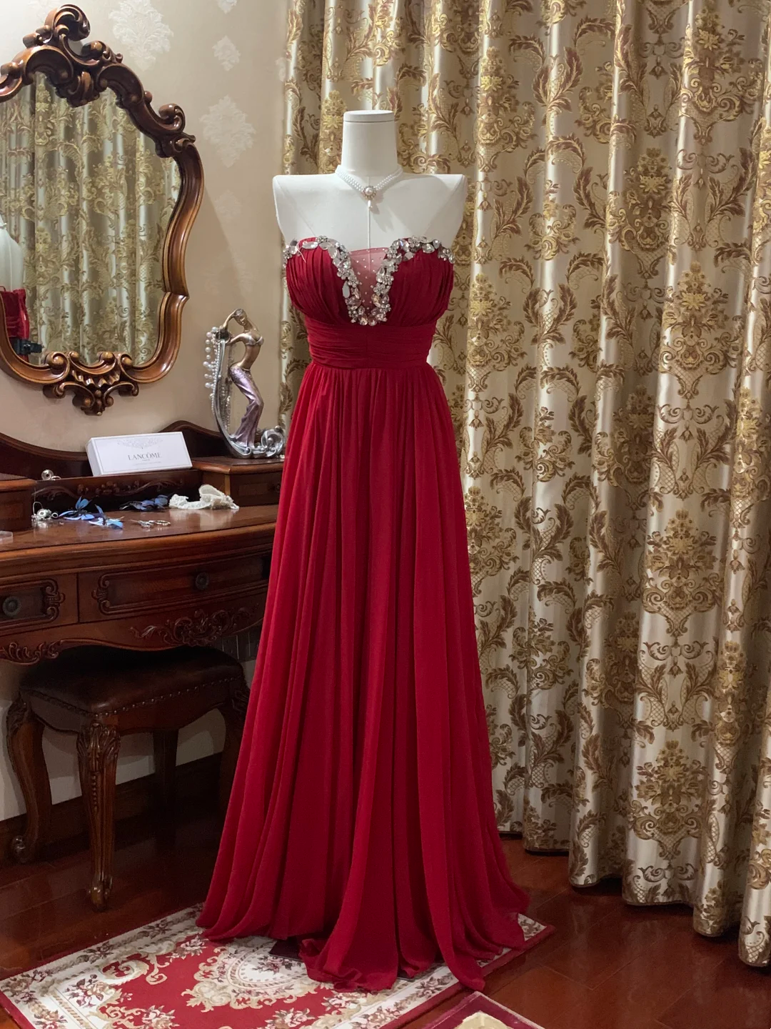 Red Chiffon Prom Dress Beaded Evening Dress Wedding Guest Dress