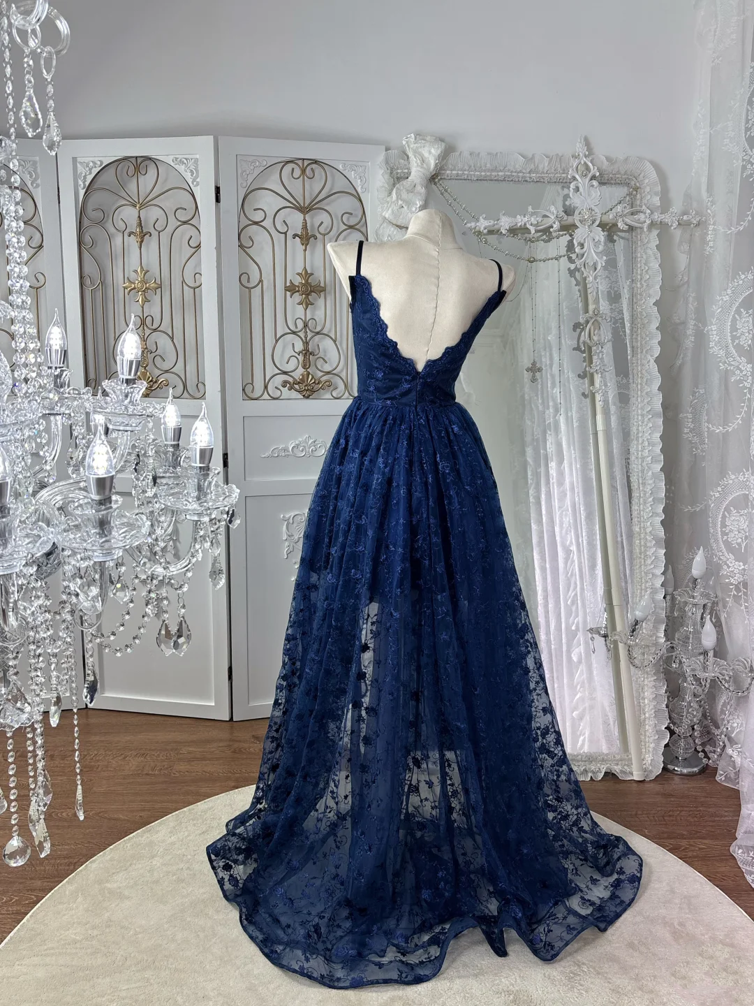 Navy Blue Lace A-Line Prom Dress V-Neck Formal Dress