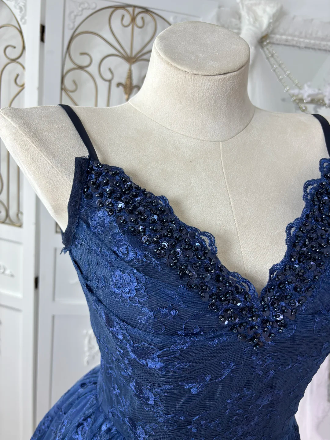 Navy Blue Lace A-Line Prom Dress V-Neck Formal Dress