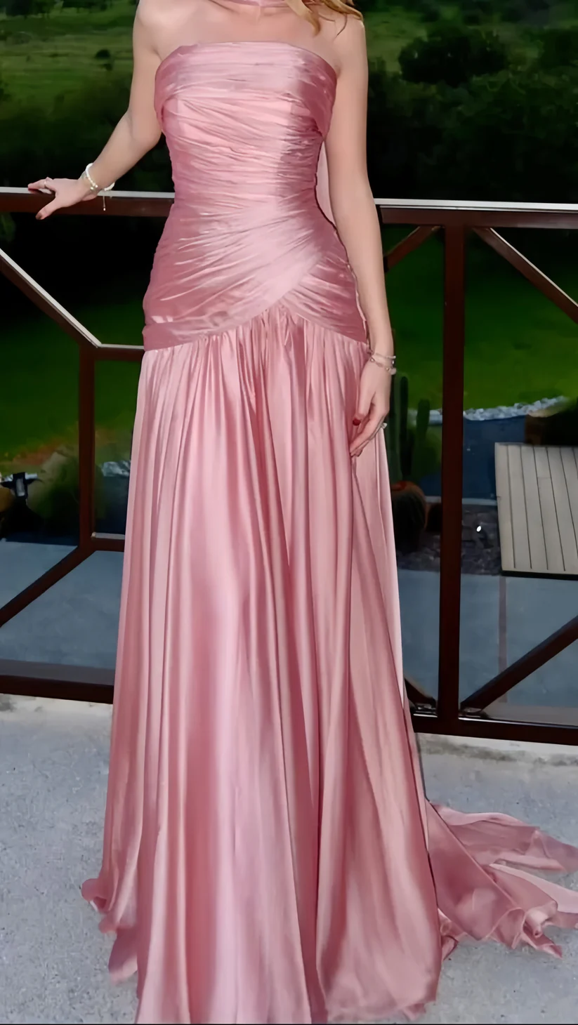 Pink Satin Strapless Long Prom Dresses Evening Party Gown