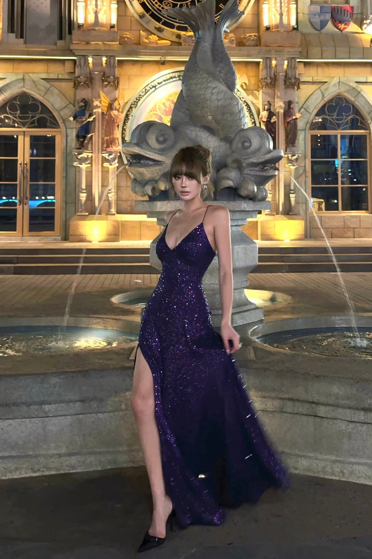 Spaghetti Strap Purple Sequin Prom Dress A Line Formal Dress J9910