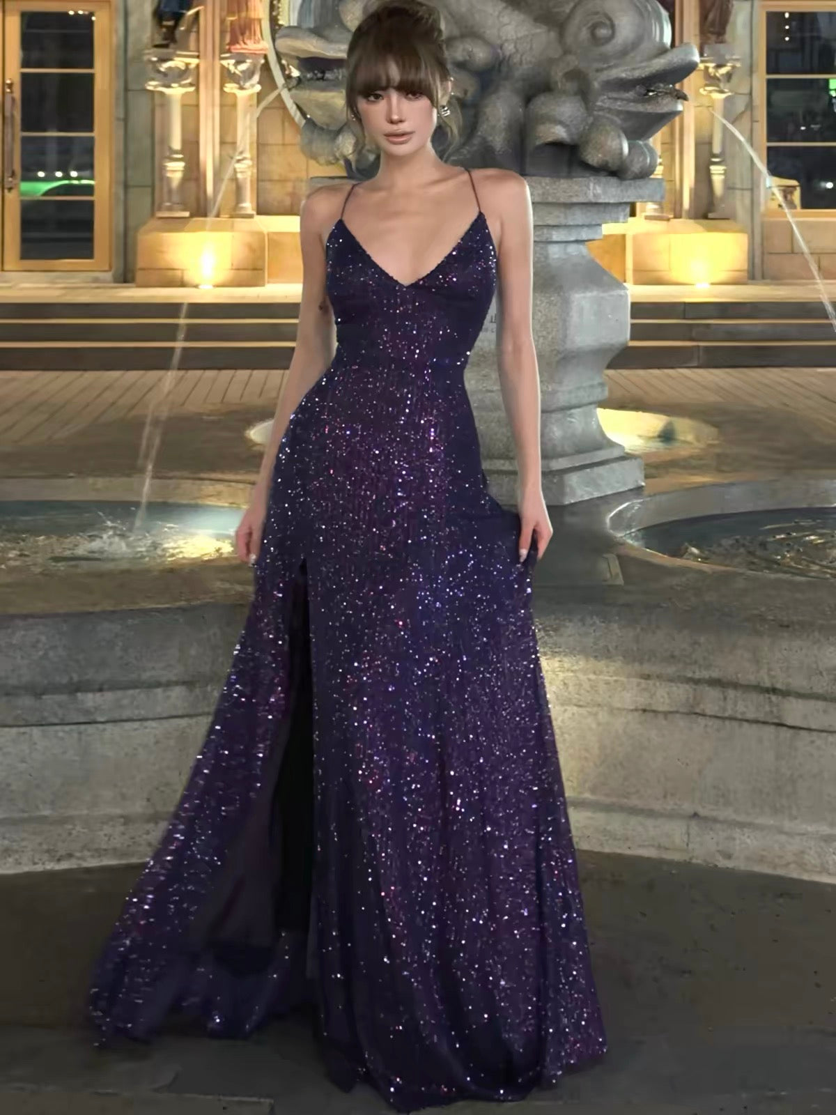 Spaghetti Strap Purple Sequin Prom Dress A Line Formal Dress J9910
