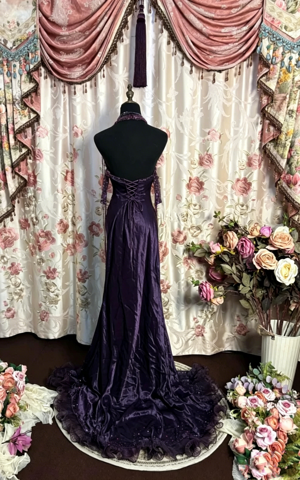 Halter Purple Vintage Prom Dress Beaded Ruffle Birthday Dress