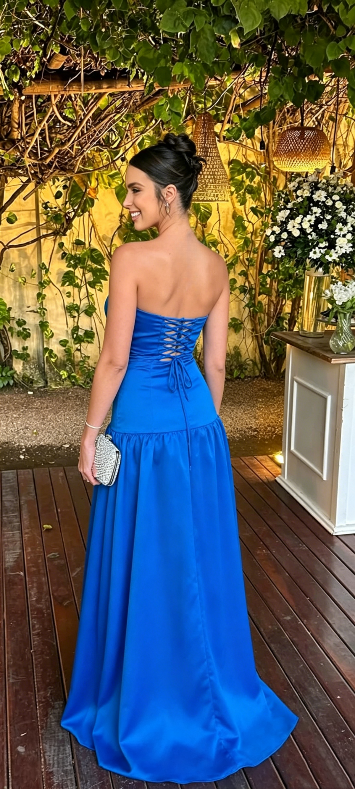 Strapless A Line Blue Satin Prom Dress Formal Prom Dress J9973