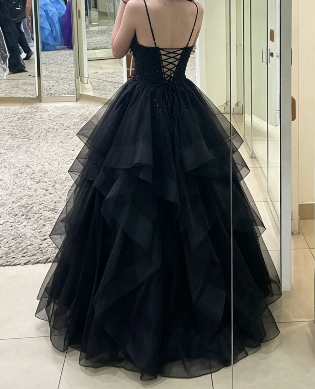 A-Line Black Tulle Formal Prom Dress With Appliques