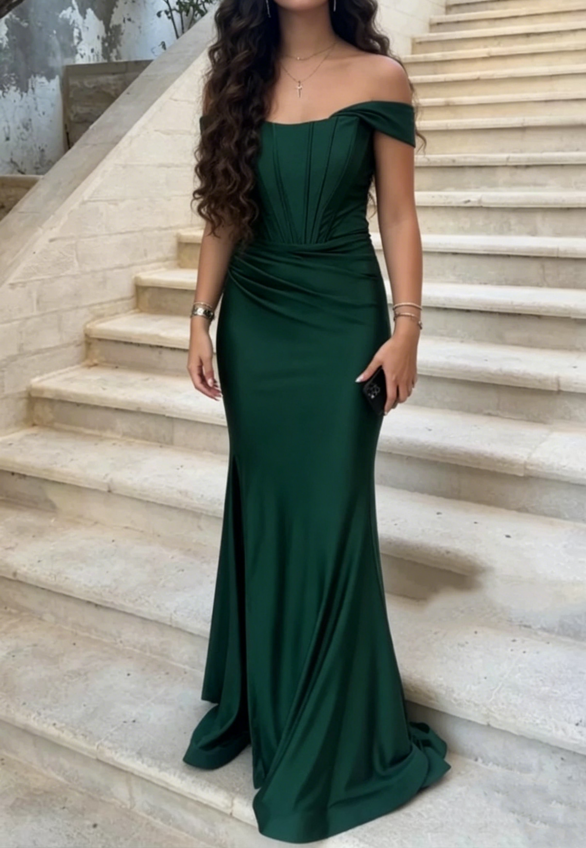 Off The Shoulder Green Satin Prom Dress Mermaid Evening Dress J9996
