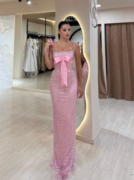 Gorgeous Spaghetti Straps Pink Sequin Beaded Mermaid Evening Dress Long Party Dress - View 4 | FashionDia
