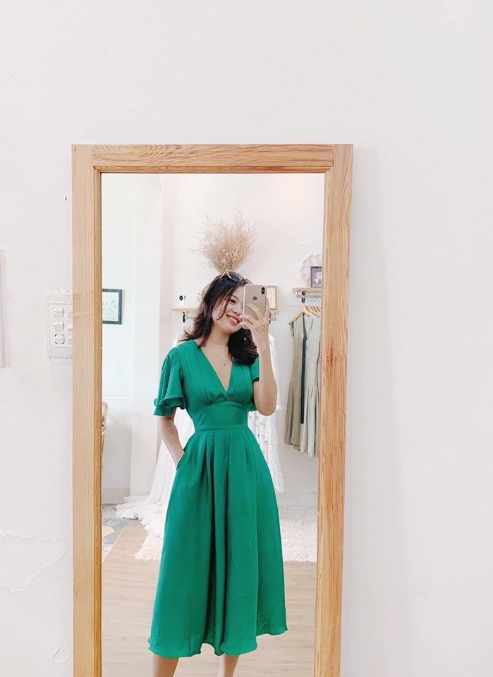 Green A-Line V-Neck Party Dress,Wedding Guest Outfit - FashionDia