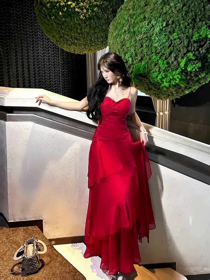 Beautiful Red Chiffon Layered Evening Dress Spaghetti Straps Prom Party Dress - View 5 | FashionDia