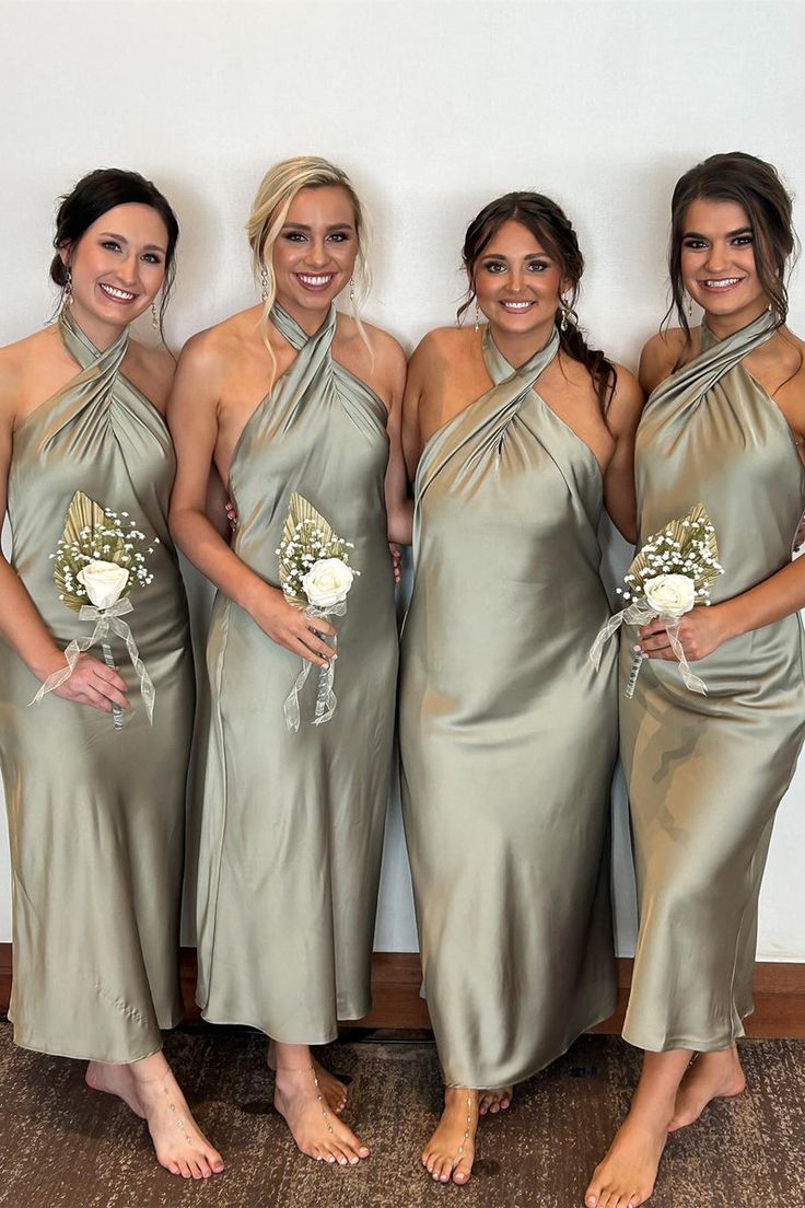 Classy Halter Champagne Backless Sheath Tea-Length Bridesmaid Dress Formal Wedding Guest Dress - View 5 | FashionDia
