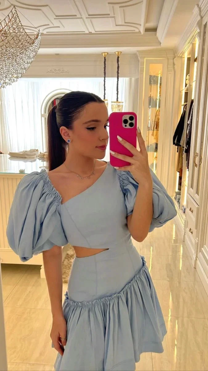 Blue Irregular Neckline Homecoming Dress with Puff Sleeves (ZD12000)
