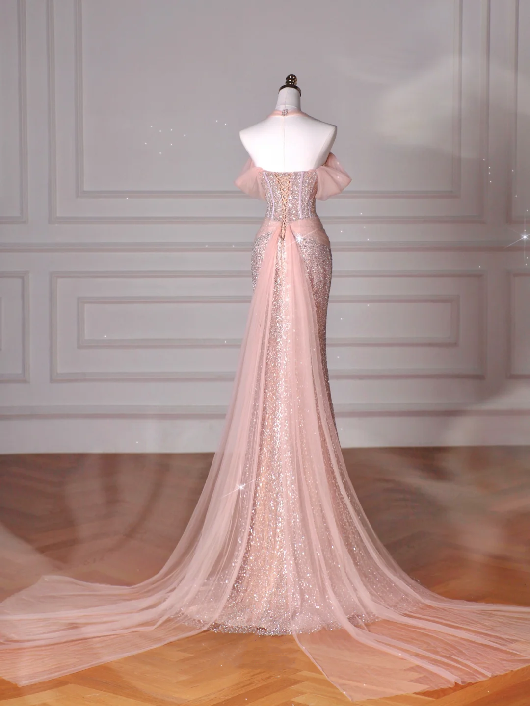 Classy Pink Halter Sequin Beaded Tulle Mermaid Evening Dress Long Prom Dress Y8620 - View 2 | VelvetHem
