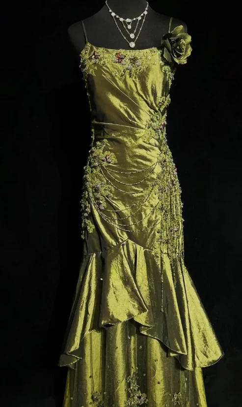 Vintage Spaghetti Strap Olive Green Satin Beaded Mermaid Long Prom Dresses Formal Prom Gown - View 2 | FashionDia