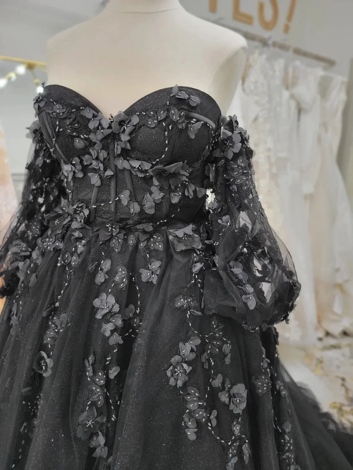 Stunning, Alternative Black Gown, Off The Shoulder Ball Gown Gothic Unconventional Wedding Dress,Y2477 (ZD13633) - View 2 | VelvetHem