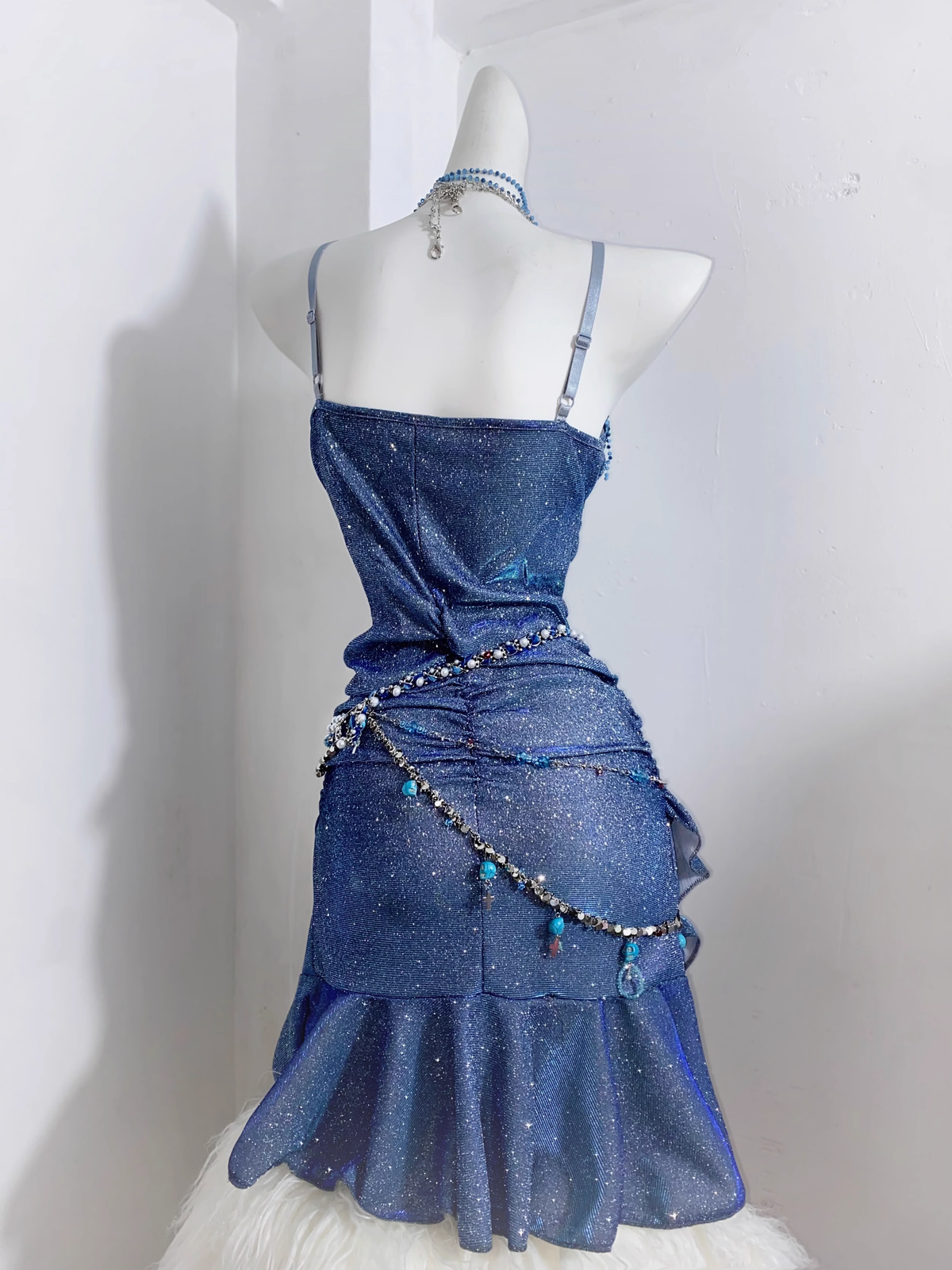 Glitter Blue Spaghetti Straps Short Ruffle Cocktail Dress Formal Homecoming Dress - View 4 | FashionDia