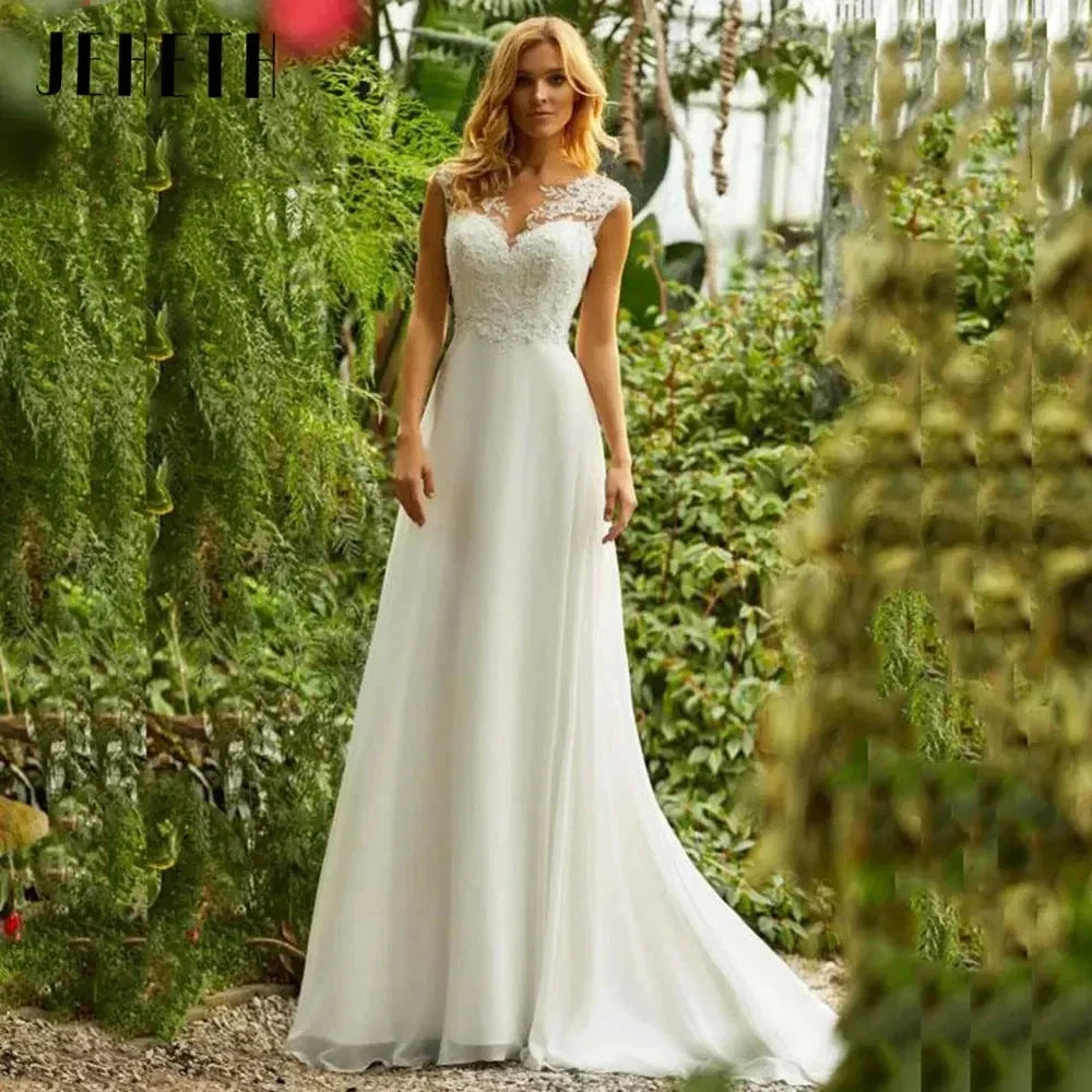 Beach Lace Chiffon Wedding Dress Charming O-Neck Appliques Bridal Gowns A-Line Backless Sleeveless Robe De Mariee 2024 by payinti