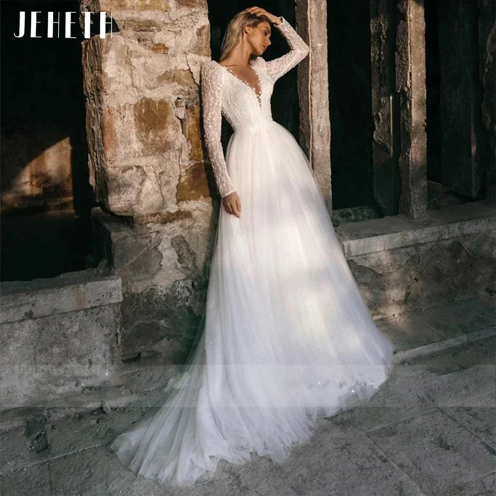 Sexy Long Sleeve Wedding Dress Beach Women Illusion Back Lace Appliques V-Neck A-Line Bridal Gown Tulle Vestidos De Novia (ZD13408)