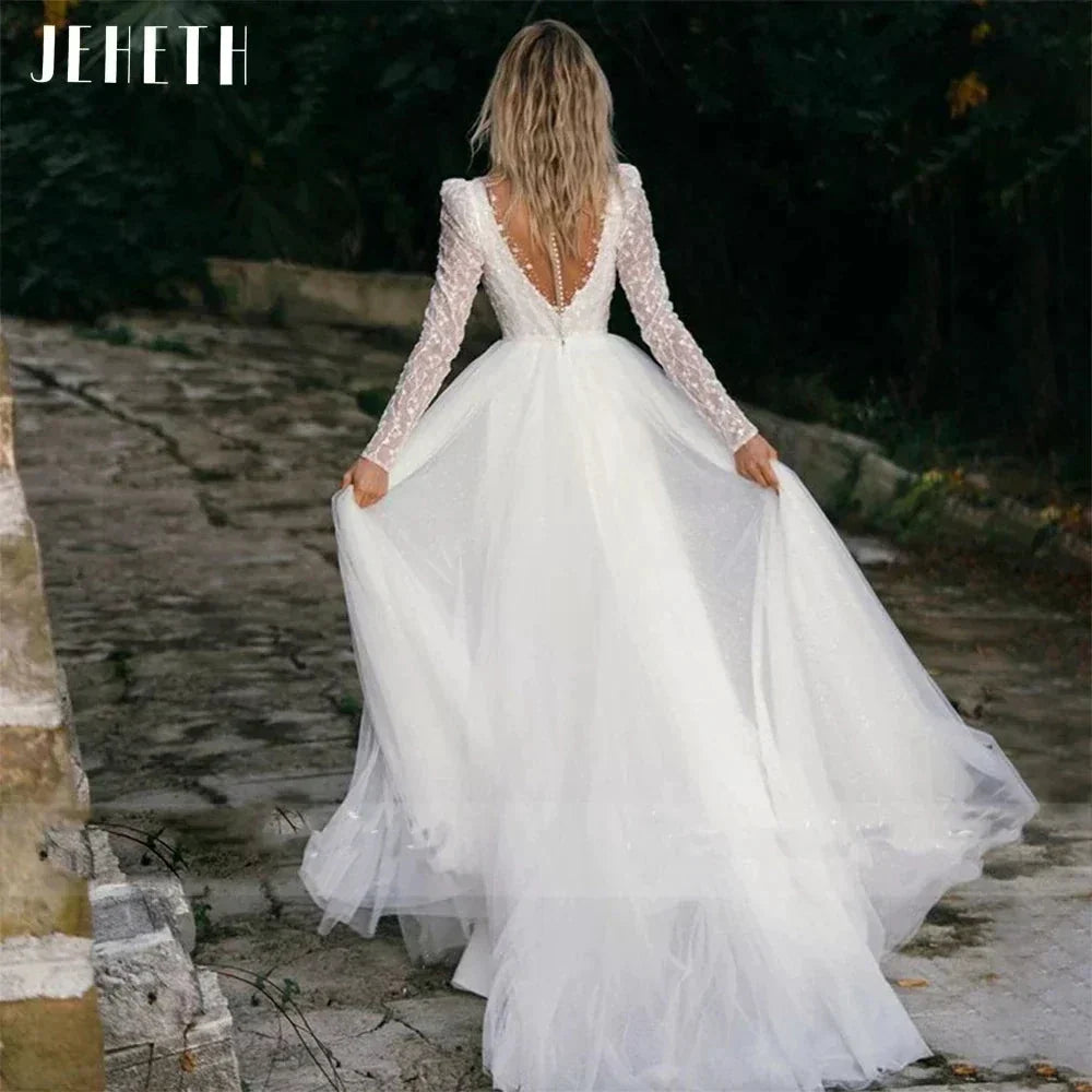 Sexy Long Sleeve Wedding Dress Beach Women Illusion Back Lace Appliques V-Neck A-Line Bridal Gown Tulle Vestidos De Novia (ZD13408)