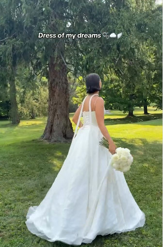 Simple Ball Gown Spaghetti Straps White Satin Long Wedding Dress - View 6 | FashionDia