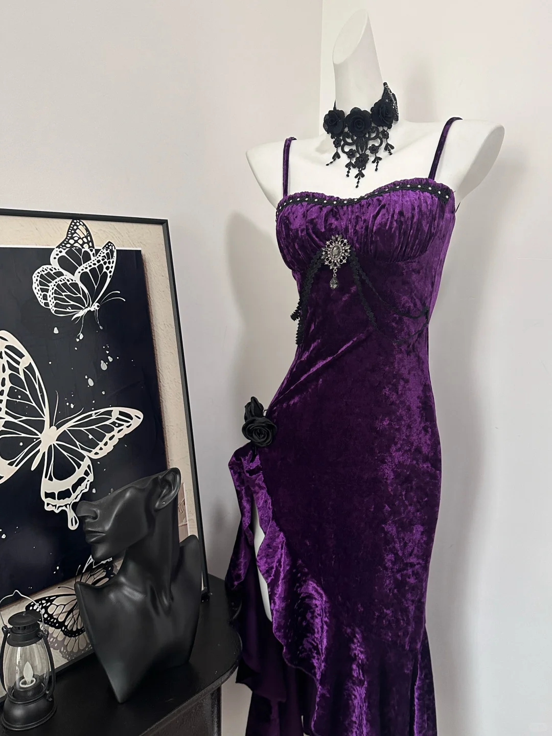 Pretty Spaghetti Straps Purple Velvet Ruffle Party Dress Birthday Evening Dress - View 2 | FashionDia