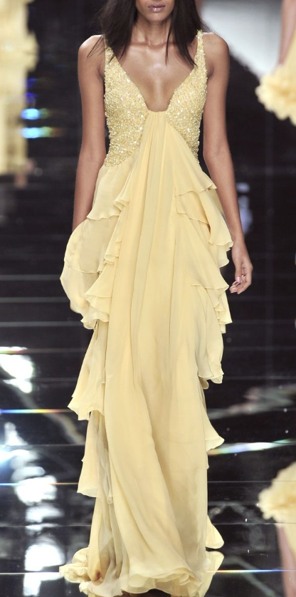Classy Yellow V-Neck Chiffon Layered Sequin Long Prom Dress Evening Gown - FashionDia