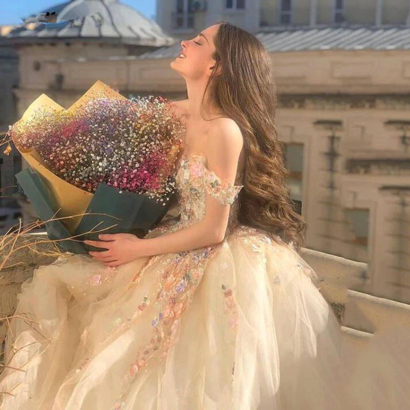 Gorgeous Off-the-Shoulder Champagne Lace Floral Prom Dress, Long 3D Flower Champagne Formal Evening Dress, Champagne Ball Gown - View 3 | FashionDia