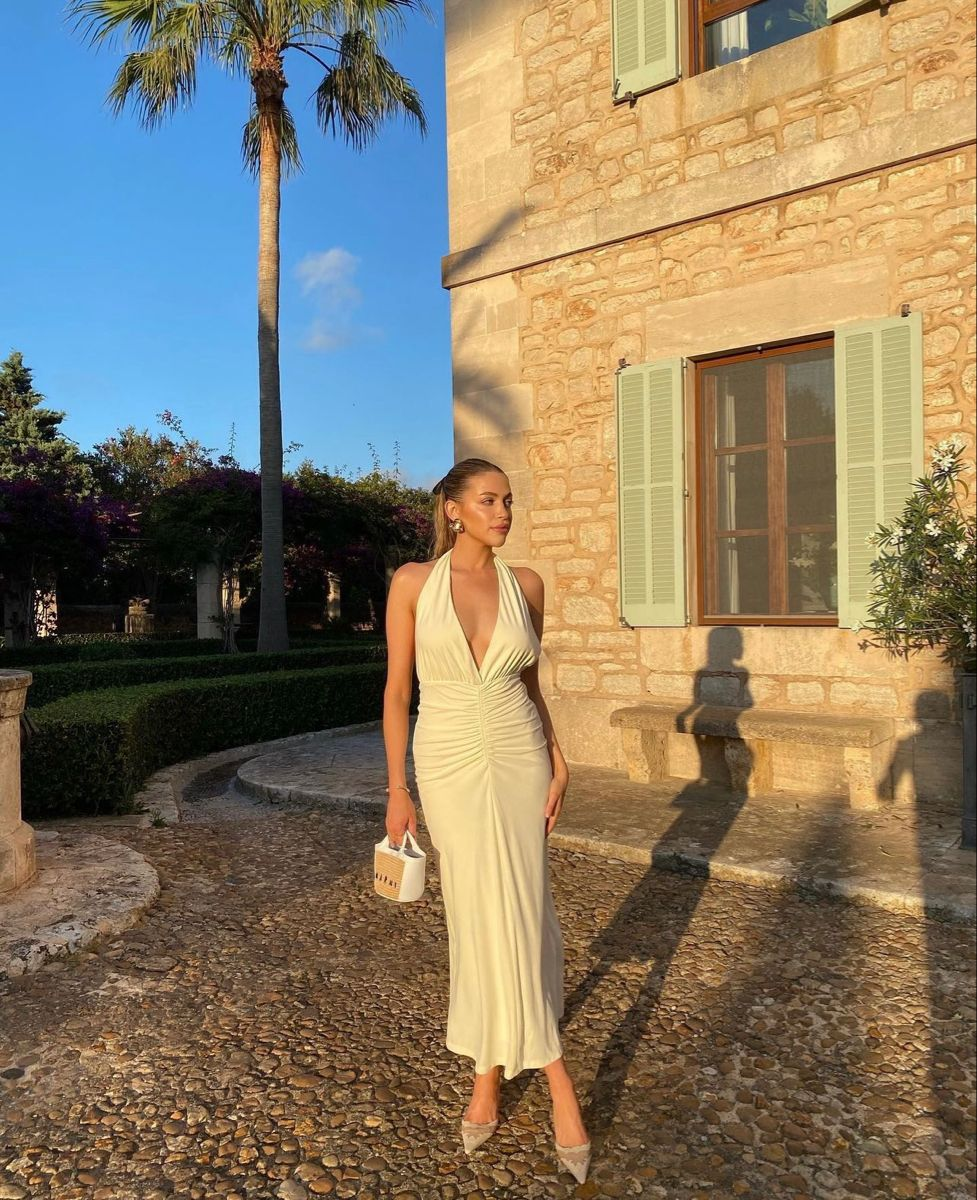 Halter Sleeveless Deep V-Neck Party Sexy Summer Dress Women Ruched Backless Clubwear Long Prom Dress - FashionDia
