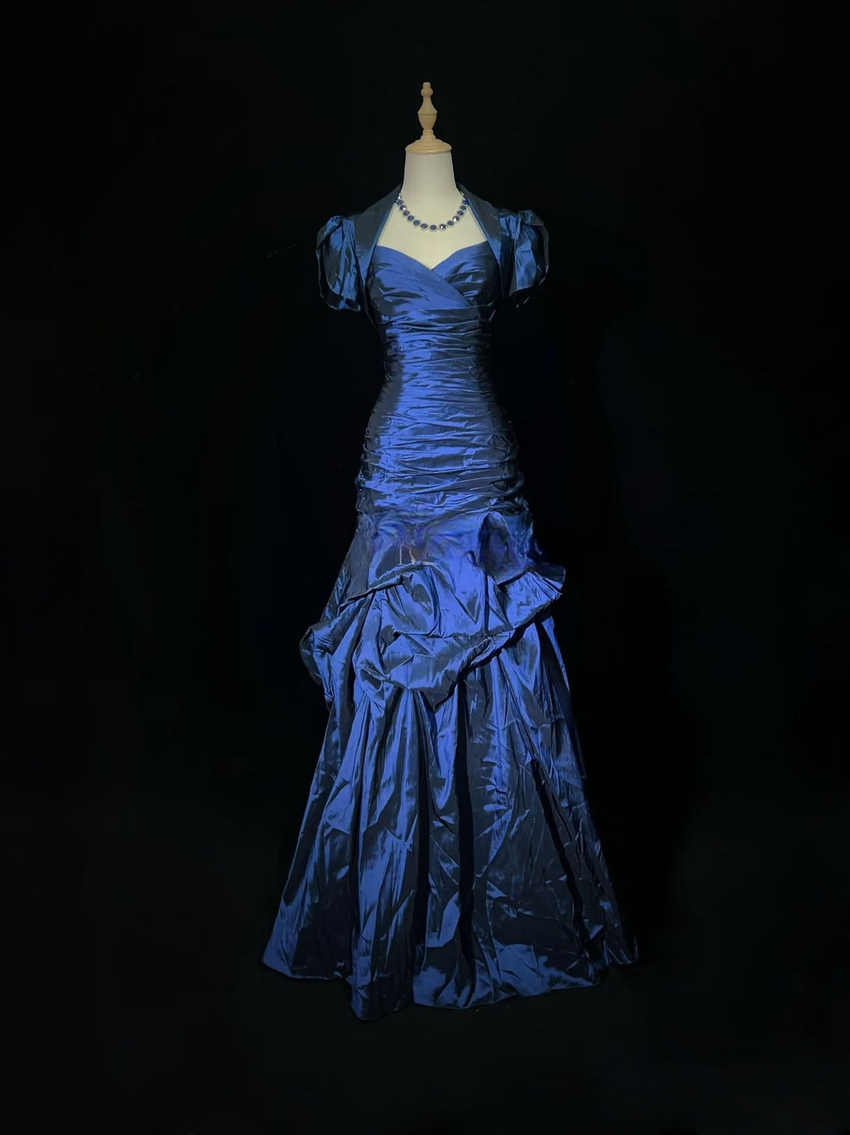 Vintage Blue Satin Pleated Mermaid Long Party Gown Formal Prom Dress - FashionDia
