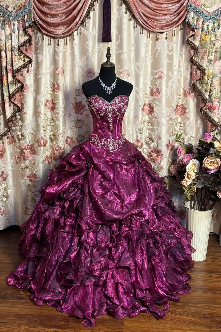 Gorgeous Strapless Purple Beaded Organza Pleated Ball Gown Sweet 16 Dress - FashionDia
