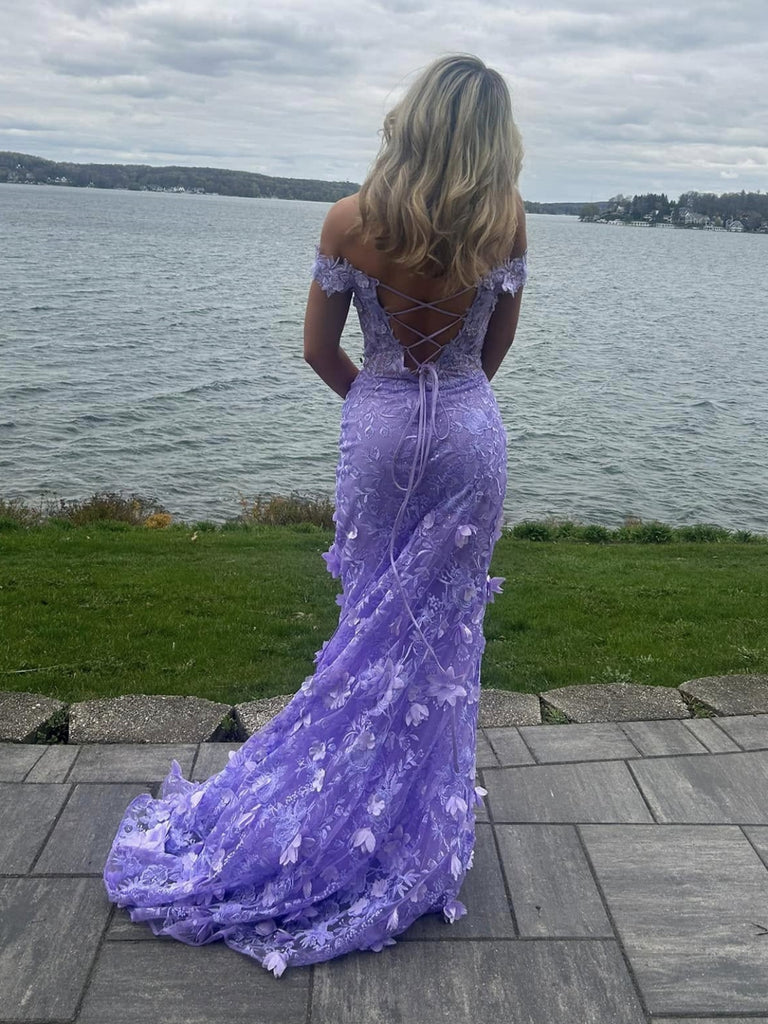 Pretty Off the Shoulder Mermaid Lilac Lace Floral Long Prom Dresses, High Slit Graduation Evening Dresses Y7848 - View 3 | VelvetHem