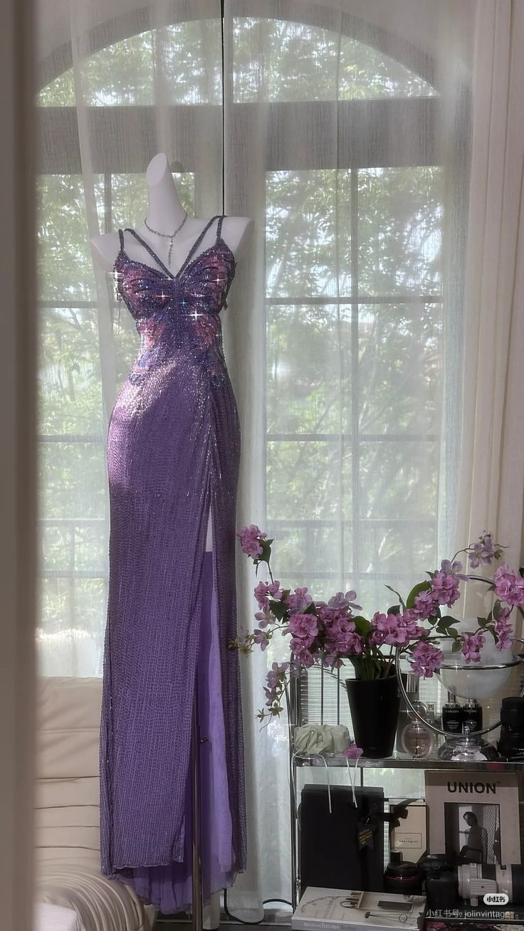 Classy Lavender Chiffon Sequin Spaghetti Strap Slit Party Gown Prom Dress - FashionDia