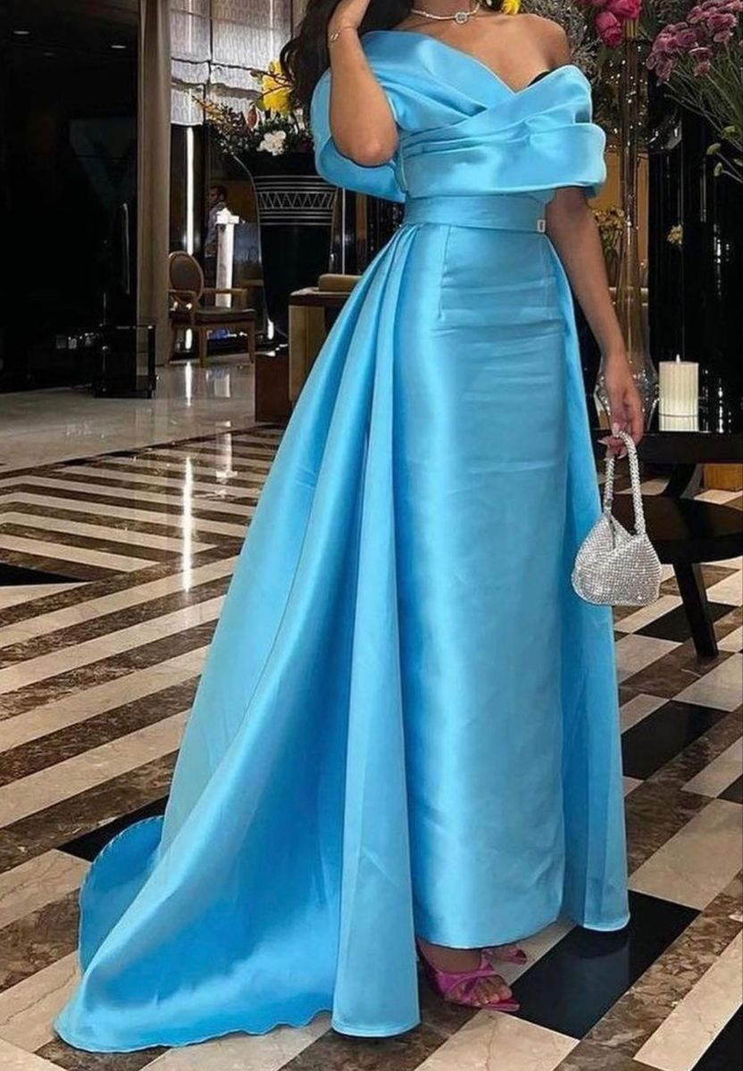 Off The Shoulder Blue Satin Evening Dress Y4026 - View 3 | VelvetHem