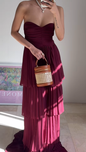 Vintage Burgundy Strapless Chiffon Layered A Line Prom Evening Dress,Long Party Dress