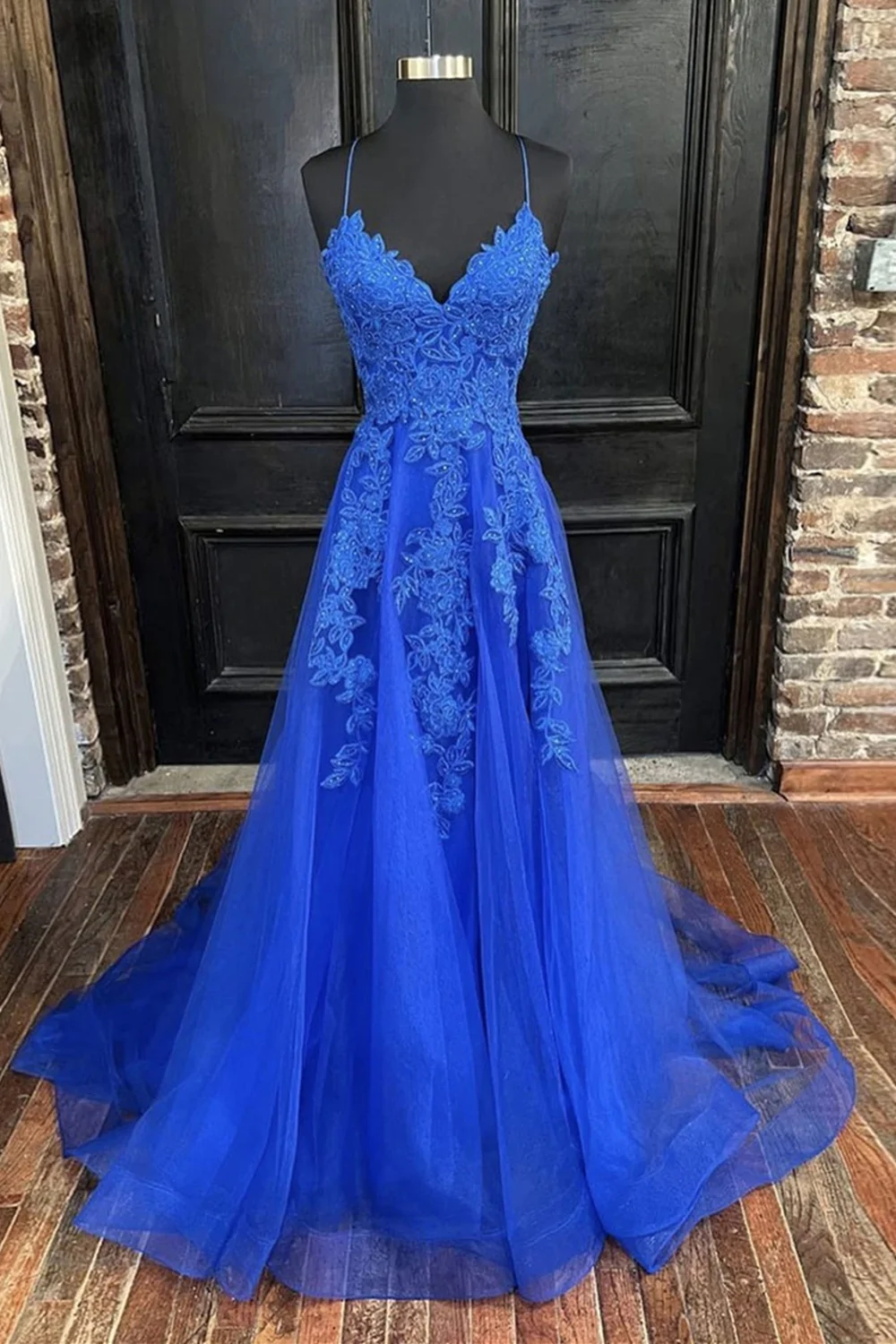 A Line V Neck Blue Tulle Lace Long Prom Dresses, V Neck Blue Formal Dresses, Blue Lace Evening Dresses Y1268 - VelvetHem