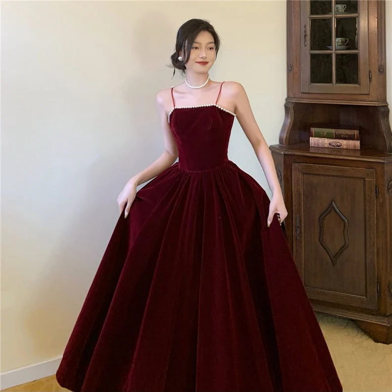 Dark Burgundy Spaghetti Straps Dress Women Prom Dress Birthday Party Dress Event Gown Dress - FashionDia