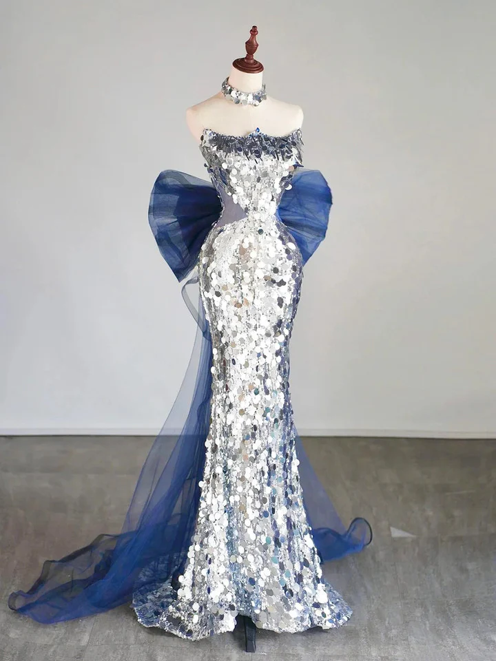 Glitter Silver Sequins Mermaid Evening Dress Long Prom Dress With Bow Y7746 - View 2 | VelvetHem