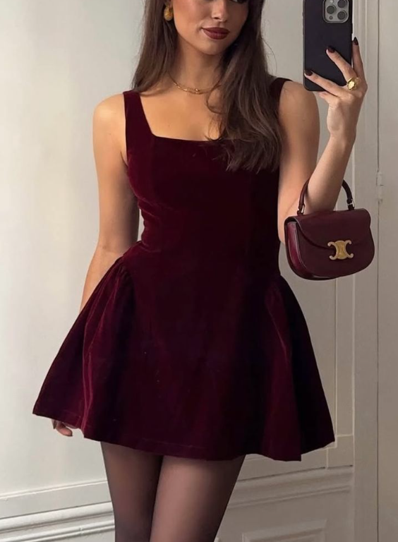 Vintage Burgundy Sleeveless Velvet A-Line Short Homecoming Dress Formal Birthday Outfits Cocktail Dress - FashionDia