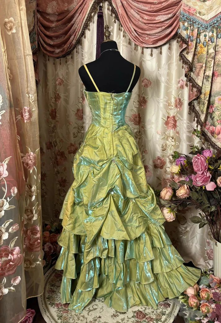 Vintage Green Satin Beaded Pleated A-Line Prom Dress,Ball Gown - View 3 | FashionDia