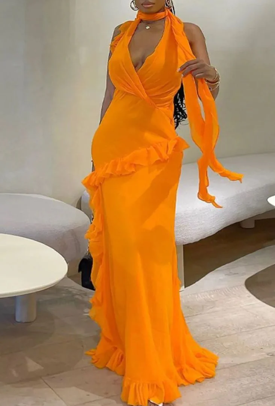 Chic Orange Chiffon Ruffles Evening Dress Slit Party Prom Dress