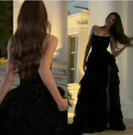 Elegant Black Sequin Layered Slit Evening Dress Formal Party Prom Dress - View 3 | FashionDia