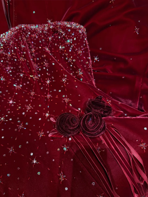 Pretty Burgundy Strapless Velvet Beaded Long Birthday Party Dress Evening Dress - View 8 | FashionDia