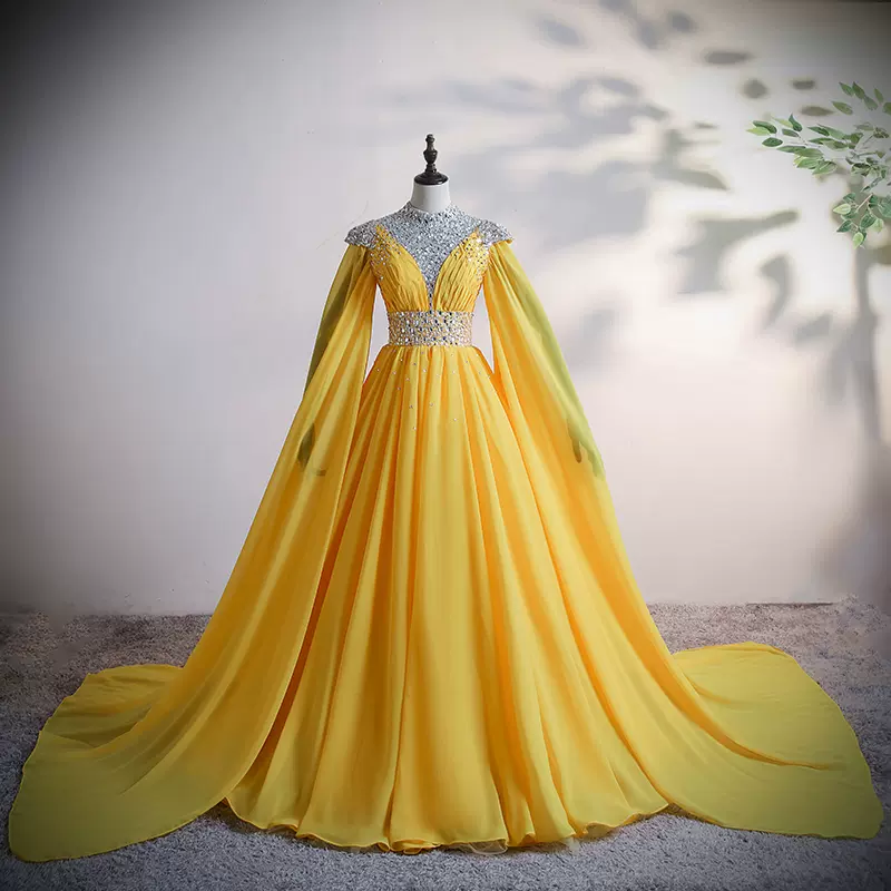 Yellow Chiffon Long Beaded Ball Gown Formal Dress, Yellow Formal Dress, Prom Dress - View 2 | FashionDia