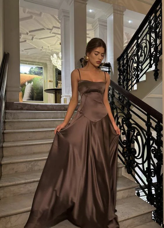 Vintage Brown Spaghetti Straps Prom Dress Long A-Line Satin Party Evening Dress - View 4 | FashionDia