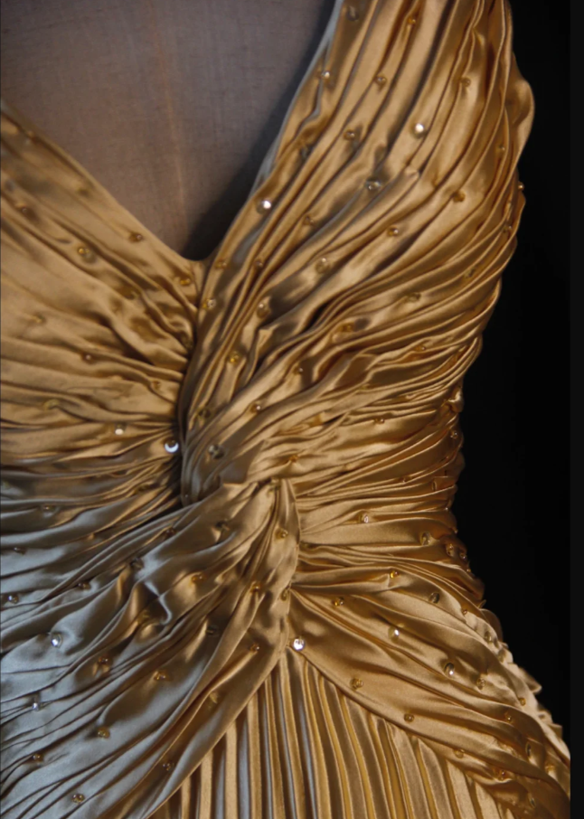 Stylish Spaghetti Straps Gold V-Neck Satin Pleated Beaded Long Party Dress Formal Wedding Guest Dress - View 3 | FashionDia