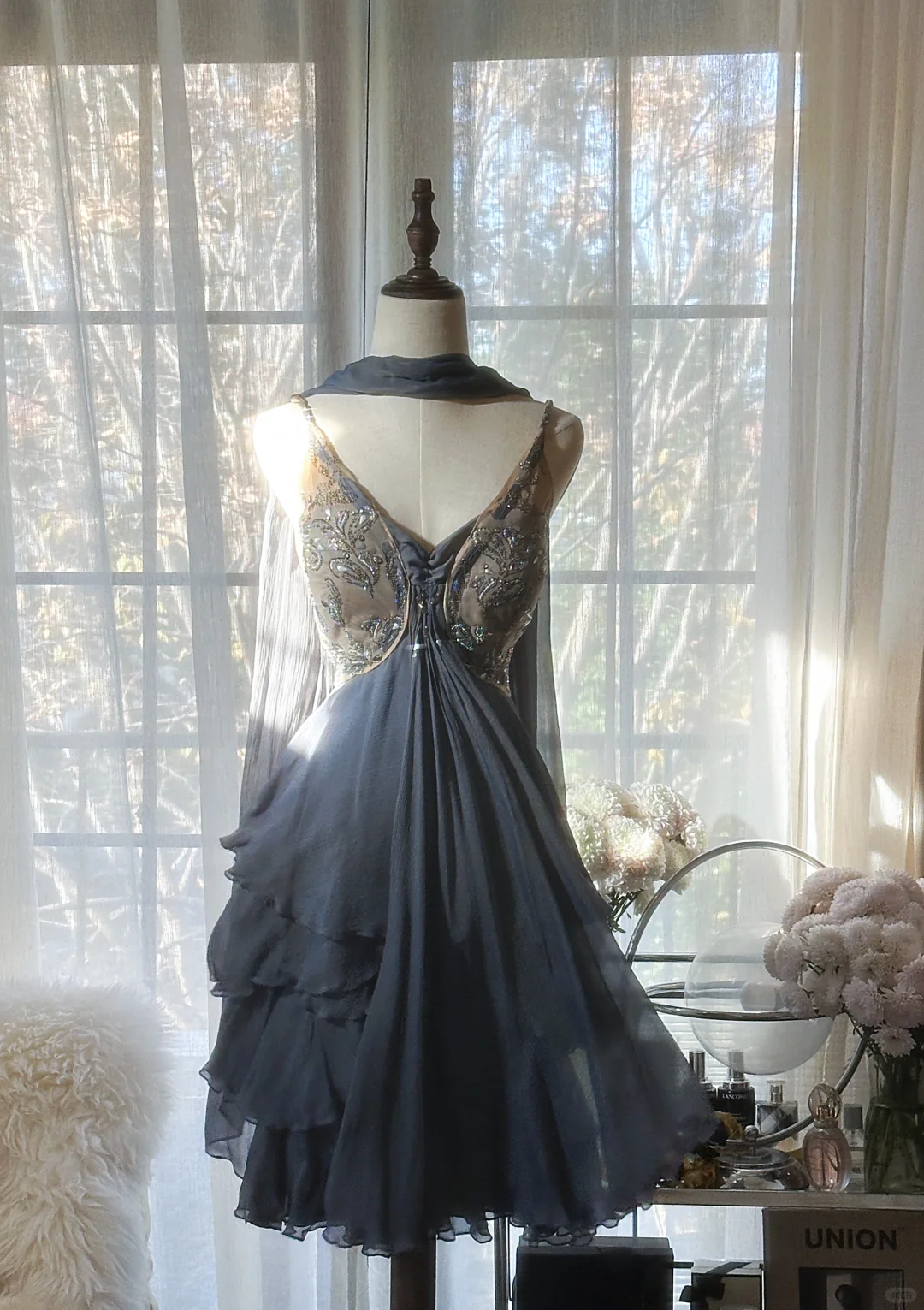 Stylish Spaghetti Straps V-Neck Chiffon Sequin Cocktail Dress Blue Short Birthday Outfits Homecoming Dress - FashionDia