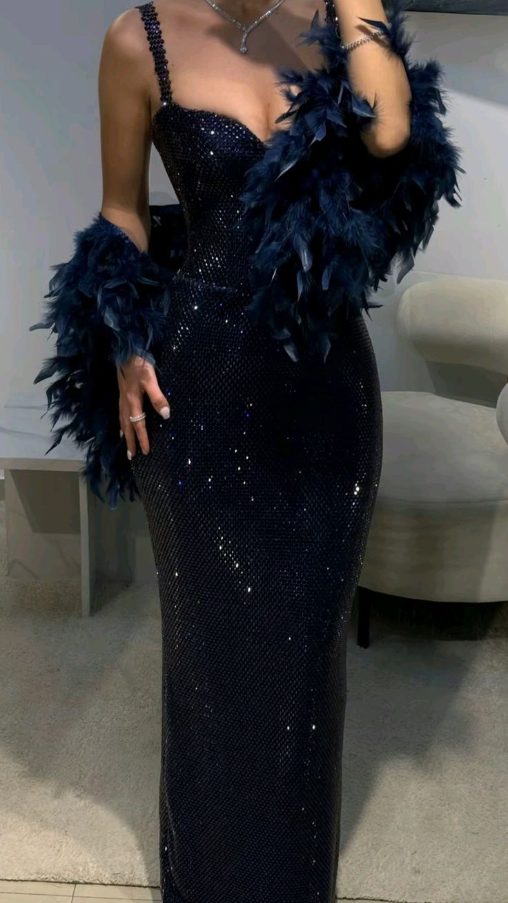 Gorgeous Spaghetti Straps Dark Navy Blue Sequin Sheath Long Party Dress Formal Evening Dress