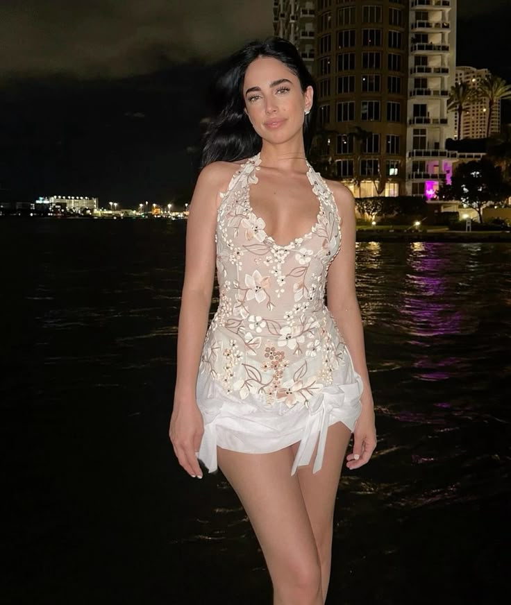 Elegant Halter White Chiffon Lace Floral Flowers Homecoming Dress Sexy Cocktail Dress Short Party Dress