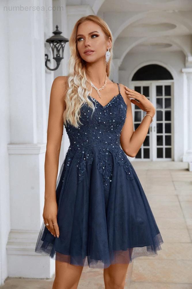 Ladies V Neck Sequins Embroidered Spaghetti Straps Super Short Bridesmaid Evening Dress Wedding Party Beach Evening Dress 28102 (ZD16967) - View 2 | VelvetHem