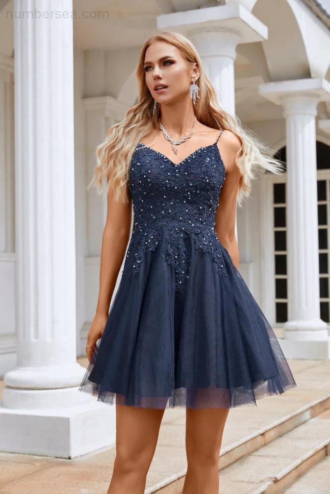 Ladies V Neck Sequins Embroidered Spaghetti Straps Super Short Bridesmaid Evening Dress Wedding Party Beach Evening Dress 28102 (ZD16967) - View 5 | VelvetHem