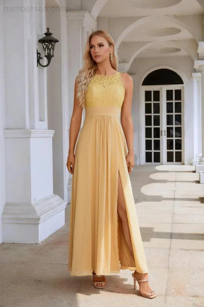Ladies Lace Chiffon Round Neck Sleeveless Floor Length Bridesmaid Prom Evening Dress Wedding Party Beach 28106 (ZD16972)